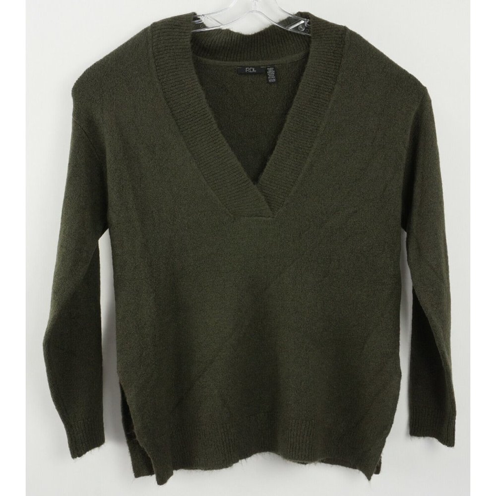 NWOT RDI Women's Medium Dark Green Knit Acrylic Blend Oversized‎ V-Neck Sweater